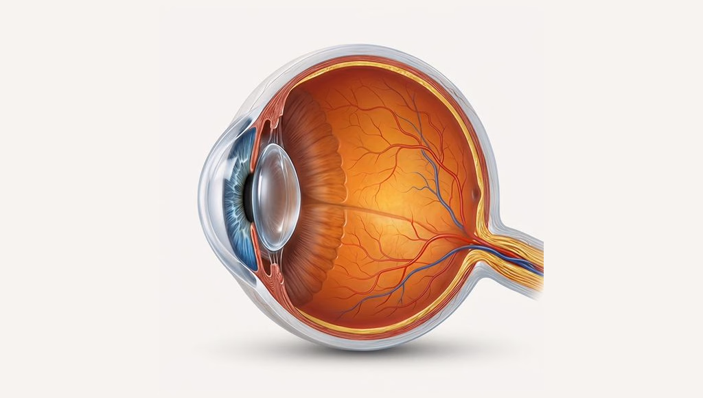 Modello anatomico tridimensionale dell’occhio umano: punti interattivi per esplorare sclera, cornea, iride, cristallino, retina e nervo ottico