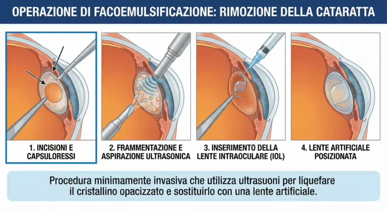 Schema delle fasi della facoemulsificazione: incisione, rimozione del cristallino e impianto della lente