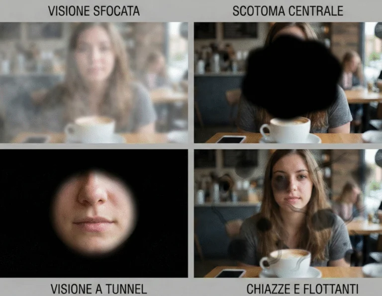 Confronto tra visione sfocata, scotoma centrale, visione a tunnel e chiazze fluttuanti