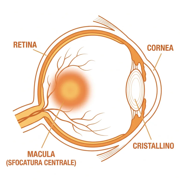 Schema dell’occhio con cornea, cristallino, retina e macula evidenziata (illustrazione)