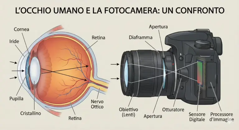 Confronto illustrato tra le strutture dell’occhio umano e i componenti di una fotocamera