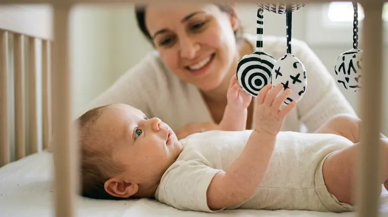 Bambino piccolo che osserva un gioco sospeso a forte contrasto (immagine illustrativa)