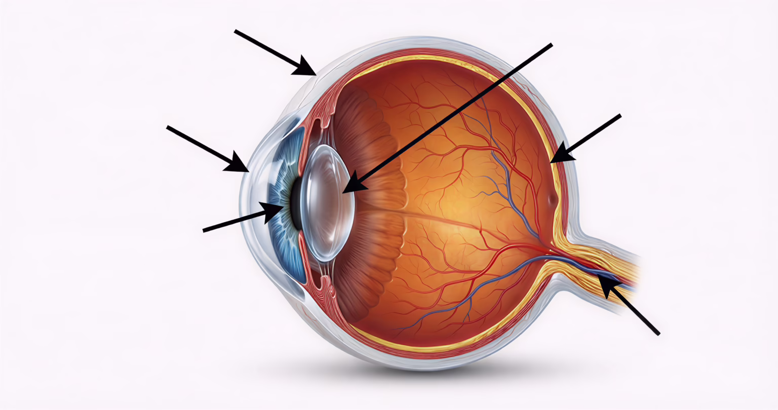 Schema anatomia occhio umano: retina, cristallino, cornea, iride e nervo ottico