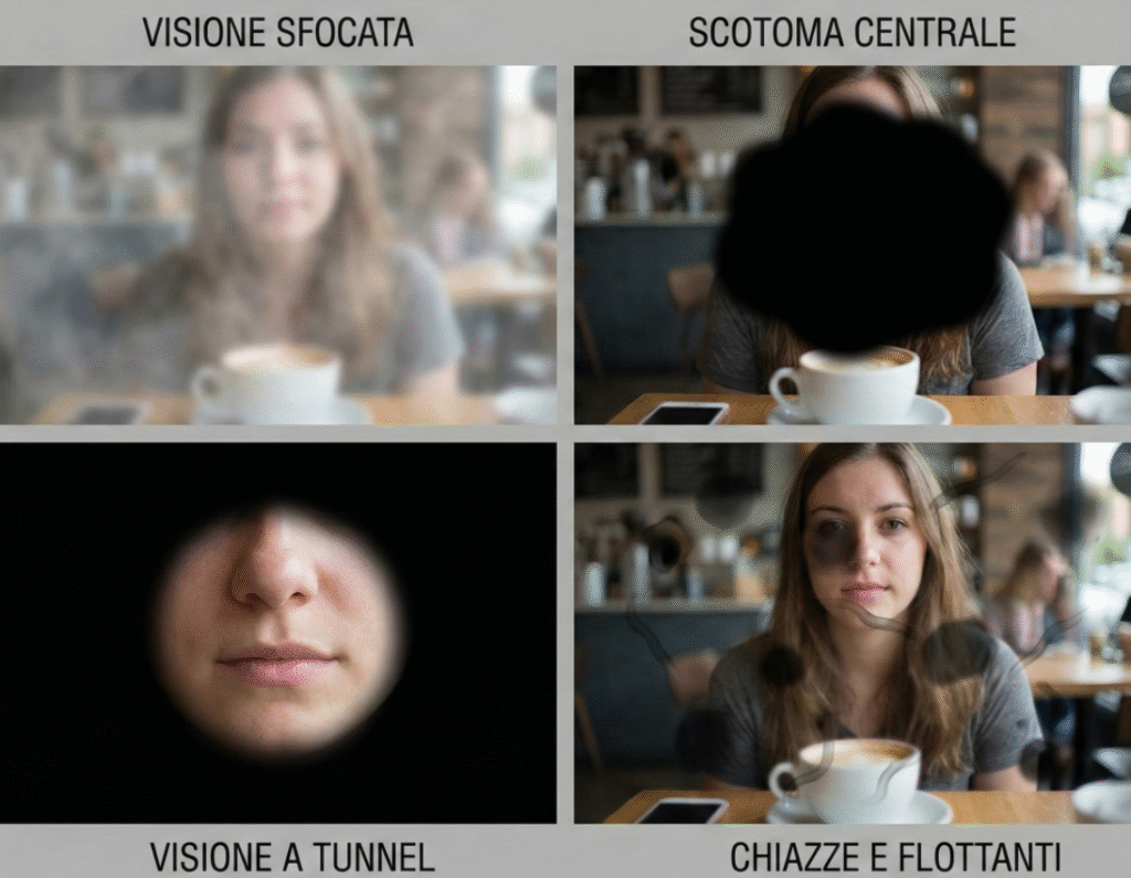 Esempio di visione con scotoma centrale, visione a tunnel, chiazze e sfocatura